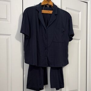 Navy Short-Sleeve Women's Pajama Set - Relaxed Button-Up Top & Pants
